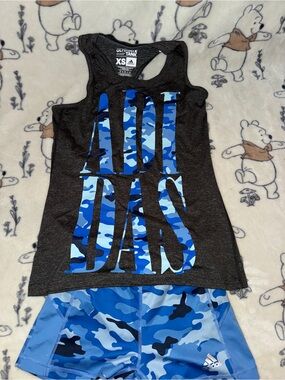 Adidas Black Tank Top with Blue Camo Graphic and Blue Camo Shorts